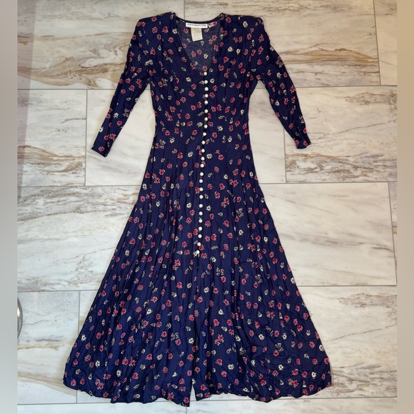 Vintage Paris Sport Club Navy Floral Button‑Front Midi Dress Size 3 -Made in USA - Picture 5 of 7